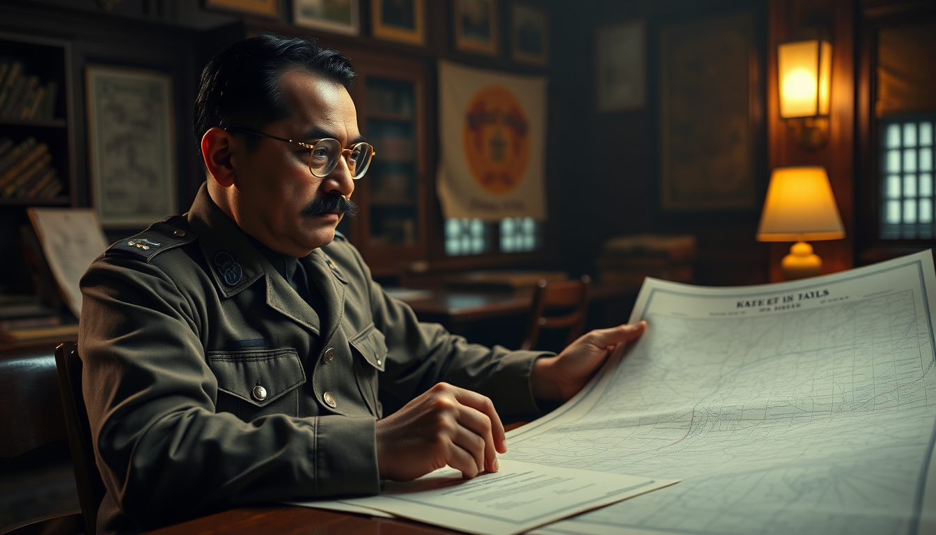 Main art studio: Ultra photorealistic cinematic 4K historical scene of Netaji Subhas Chandra Bose studying a large map inside a secret wartime headquarters, recognizab