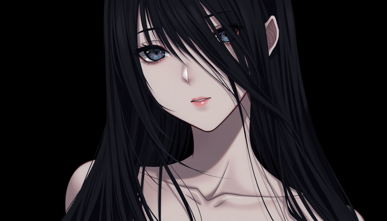 AI Art prompt example created from the prompt: Mysterious anime woman with very long black hair partially covering her face, pale white skin, dark eyes, subtle smile, black background, ha