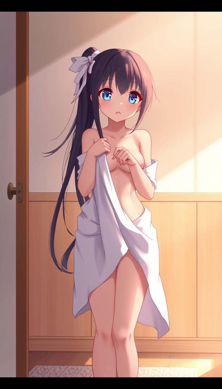 Main art studio: "1girl, standing in a room, wearing only a towel that is slipping off her body, soft light revealing her natural curves, surprised expression, warm co