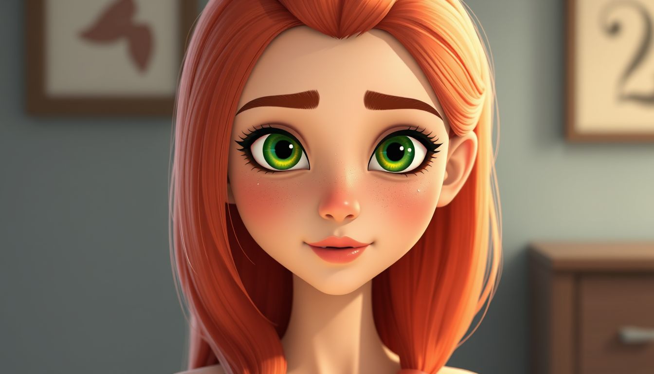 Main art studio: mujer rubia pelo largo liso ojos verdes con unos vaqueros azules claros anchos y una sudadera blanca con cremallera cerrada estilo pixar