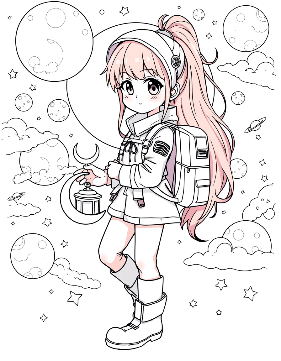 Anime idea: anime style, vibrant colors, expressive eyes, Original anime-inspired young female moon explorer, full body, long ponytail, expressive eyes, cute spac