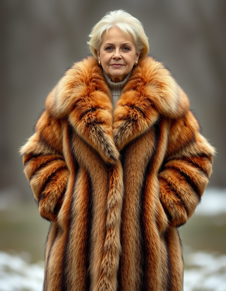 Main art studio: middle age woman with a busty full-figured body, wearing a big full-length luxurious fox fur coat
