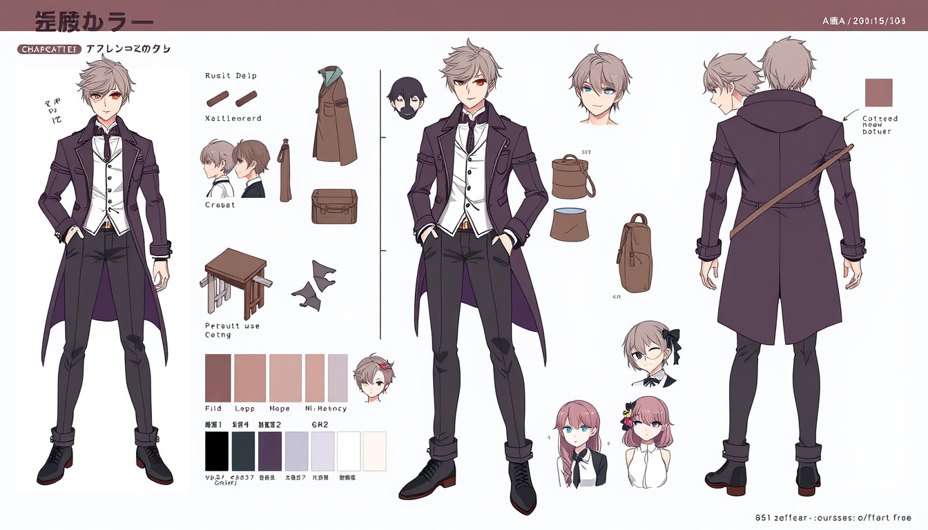 Character Sheet idea: a visual character reference sheet with a dominant full-body view, controlled details, palette swatches, and supporting expressions or accessories, de