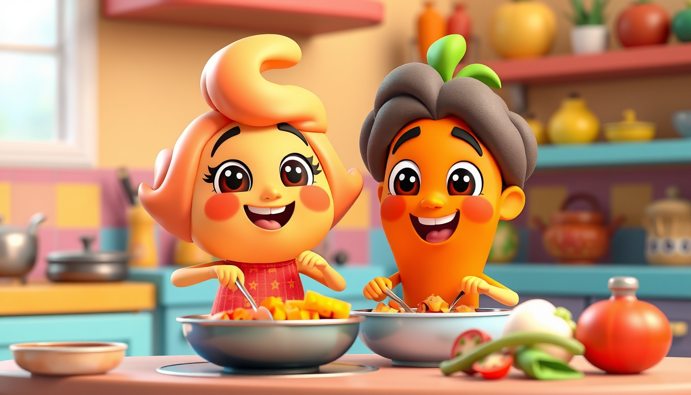 Main art studio: Cute 3D cartoon aloo and tamatar, both cooking together in a colorful kitchen, funny and happy expressions, bright cartoon style. 🥔🍅