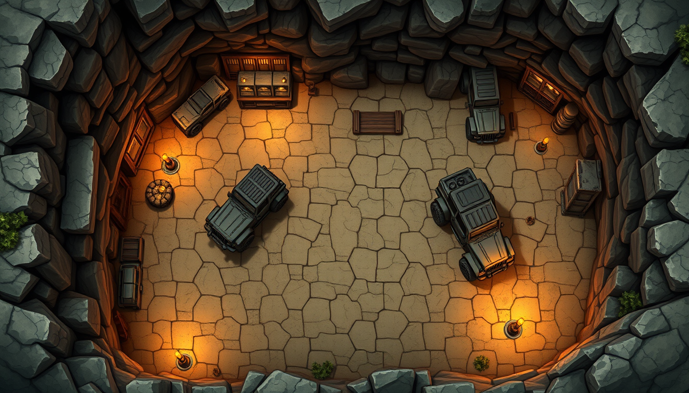 Main art studio: zeichne mir eine 2d map für tabletop von oben. die karte einer höhle, es soll mehrere vorräume und hinten einen großen raum geben, am eingang stehen s
