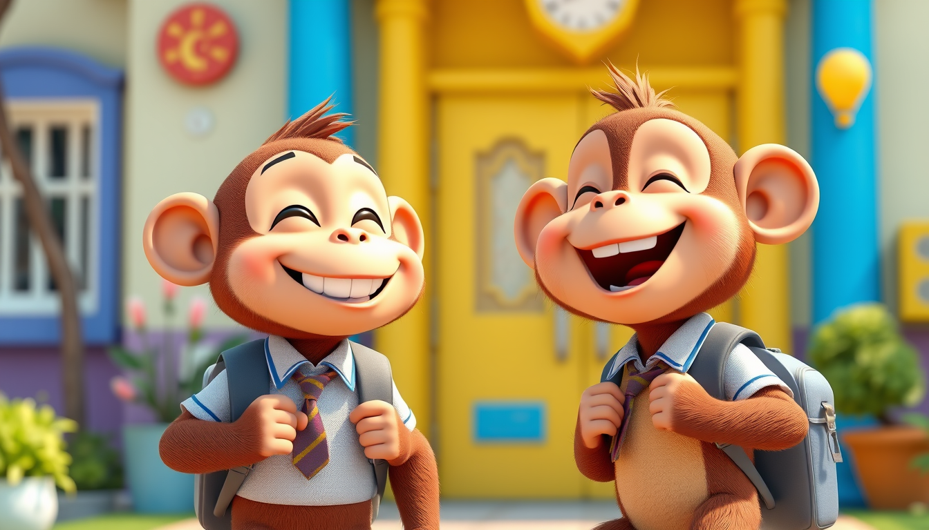 Main art studio: Cute funny 3D cartoon monkey and his monkey friend laughing together outside their colorful school, both wearing school uniforms and carrying school b