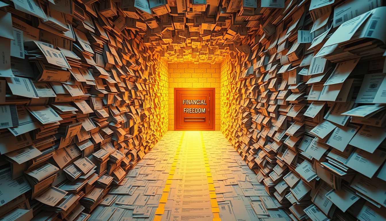 Main art studio: A massive labyrinth made entirely of receipts and credit card statements, one glowing golden path leading to a vault labeled "Financial Freedom," cine