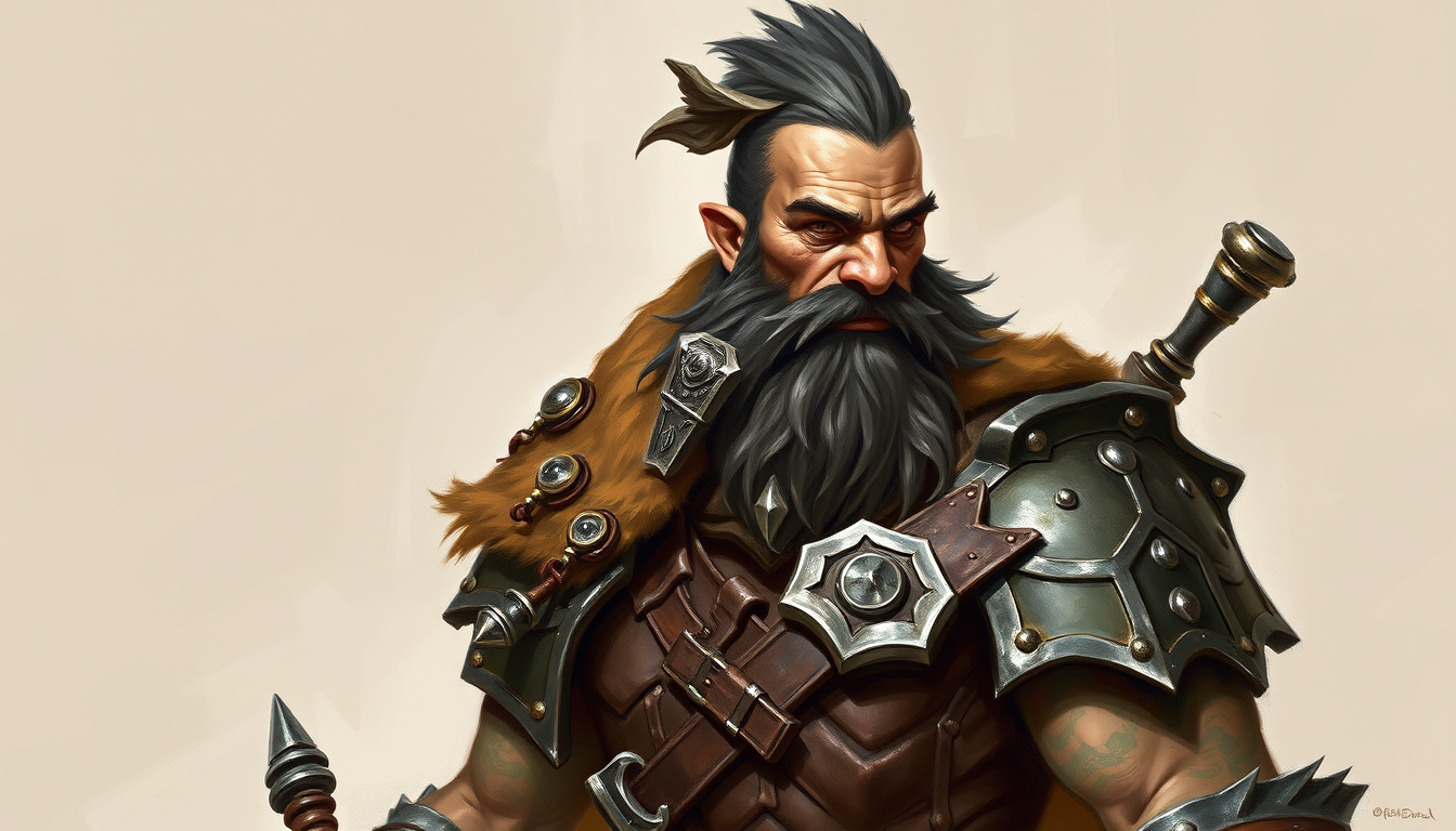 Dnd Characters idea: fantasy RPG character portrait, detailed armor and gear, painterly fantasy art, Barbarian half orc and half human , D and D character sheet ready