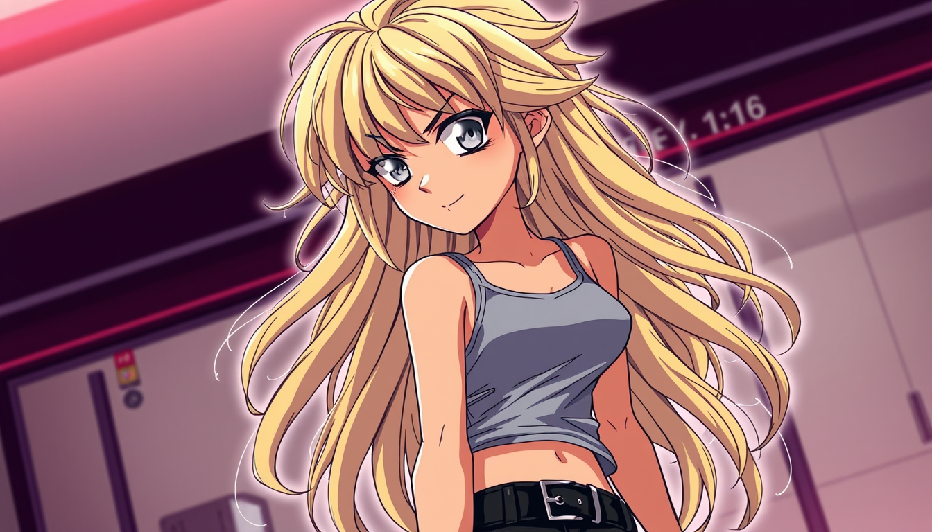 Anime idea: anime style, vibrant colors, expressive eyes, Tan dark dirty blonde long and wavy hair side profile side eye mad face light gray tank top grey eyes in