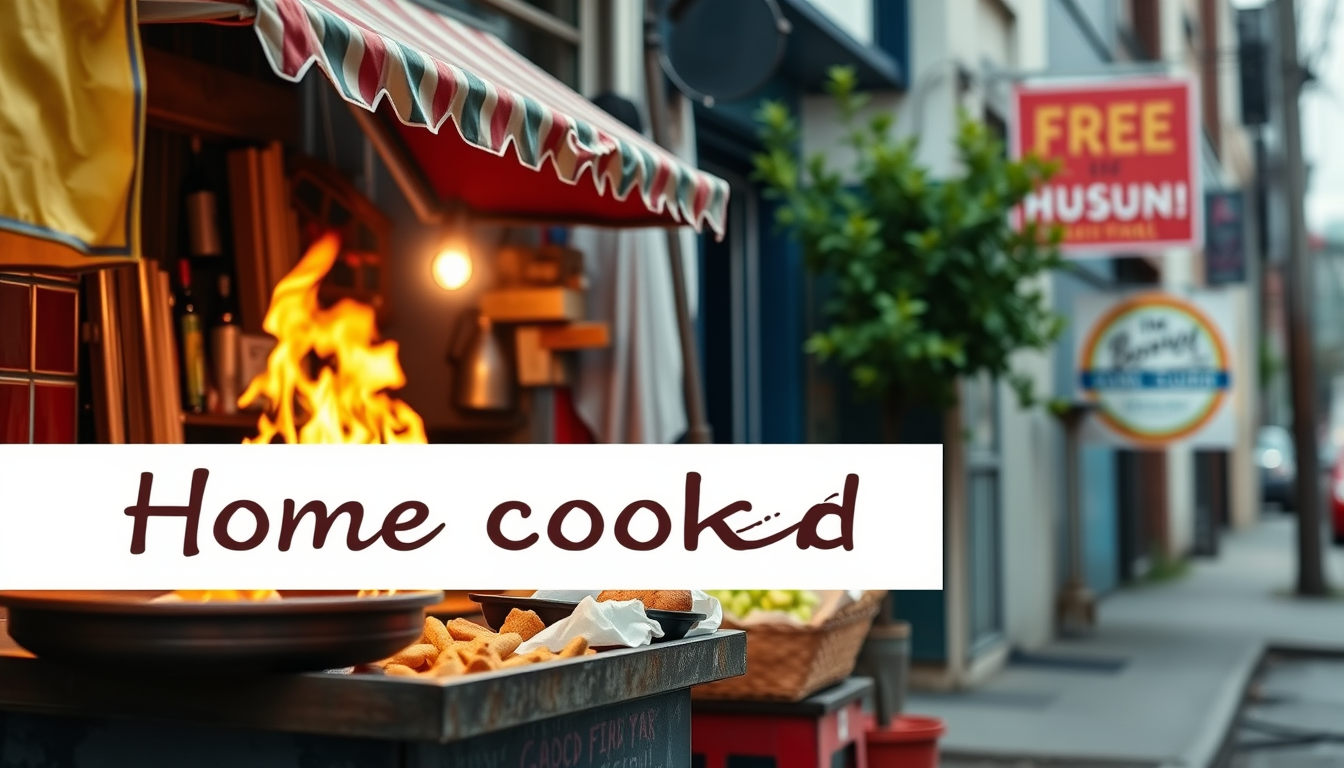 YouTube Banners idea: youtube channel banner, wide 16:9 composition, bold branding graphics, Home cooked food urban hood street culture , channel-art ready banner