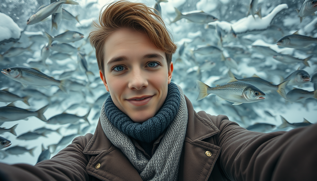 AI Selfie idea created from the prompt: reference-guided selfie-style portrait, natural face and expression, coherent wardrobe and background, A school of fish swimming through sno