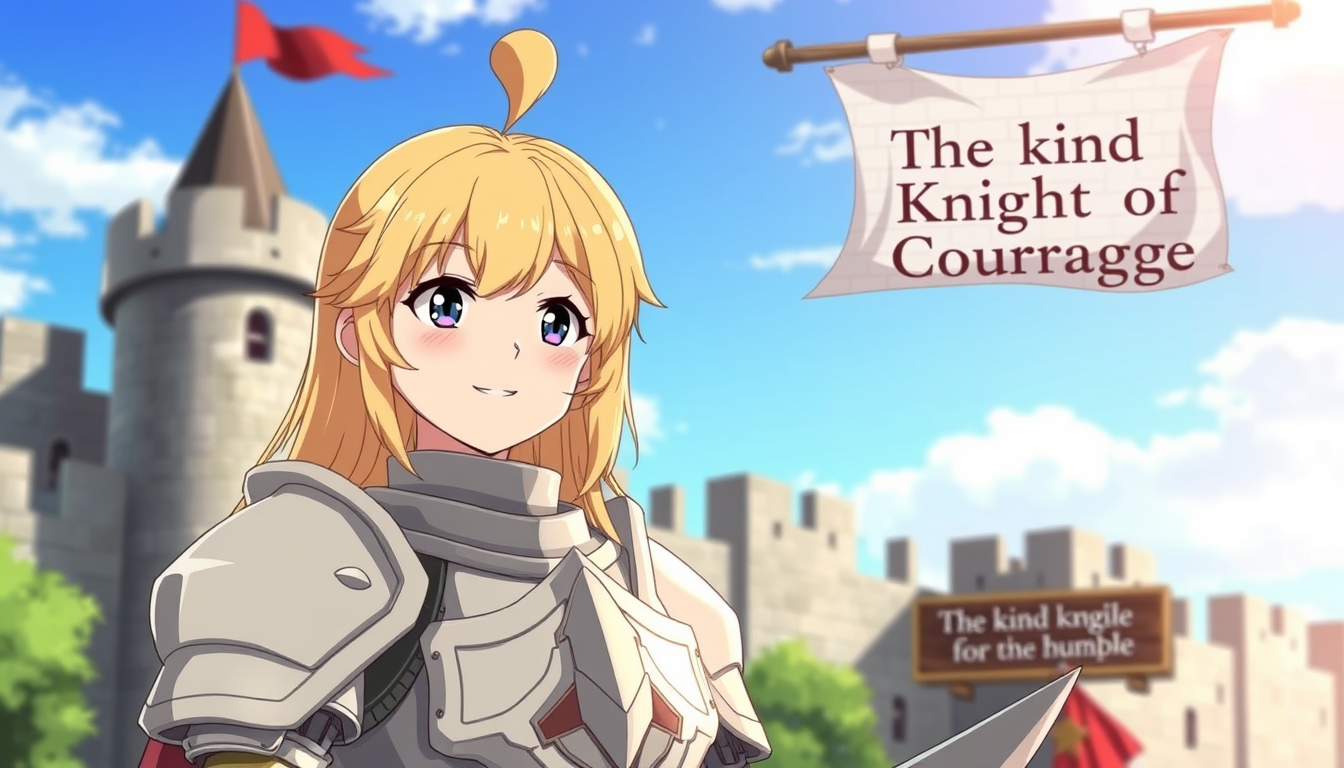 AI Art prompt example created from the prompt: An anime blonde female knight in light armor, has a kind smile on her face with smiling eyes as well. Outside a castle wall is the backgroun