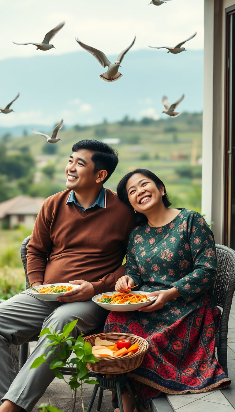 Main art studio: Same husband and wife finish lunch and sit together outside their house. The husband jokingly pats his full stomach and leans back happily. The wife l