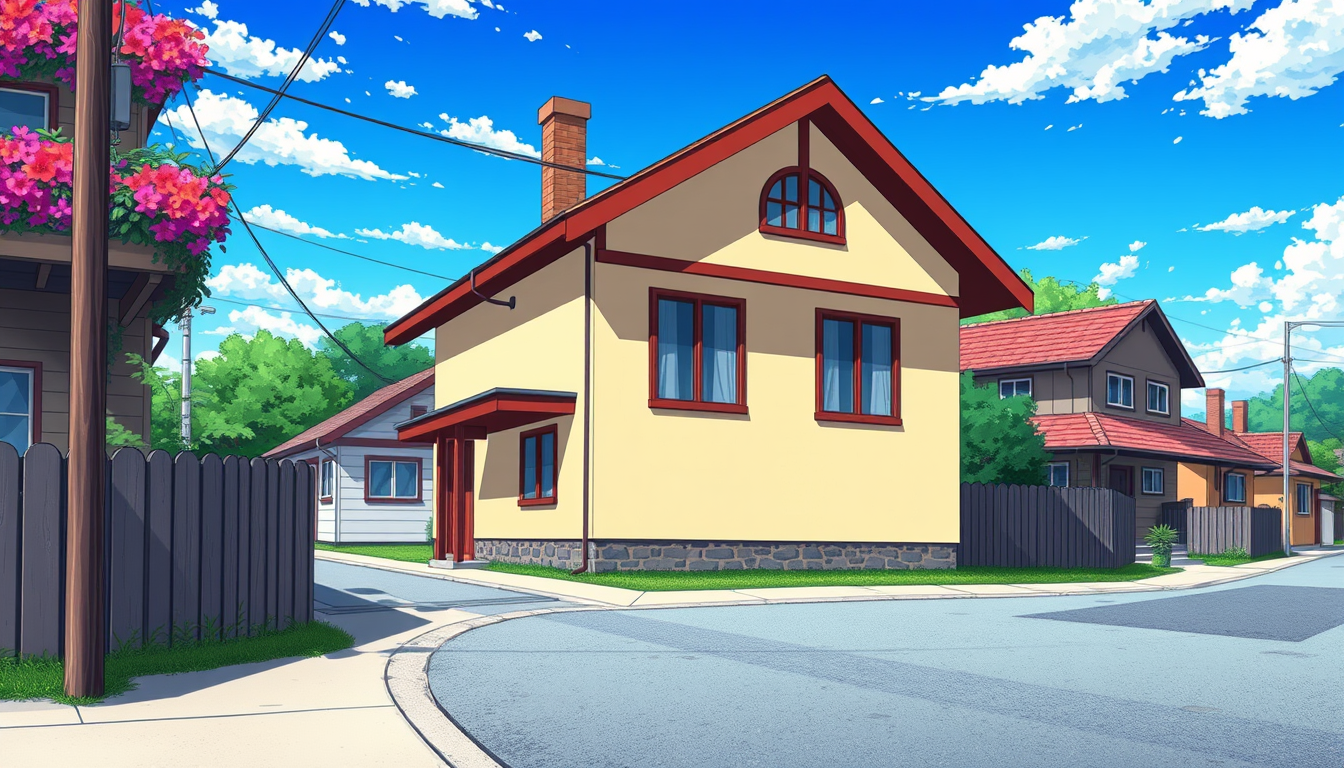 Anime idea created from the prompt: anime style, vibrant colors, expressive eyes, animescreencap, anime coloring, subrub, blue sky, house, no characters, scenic background, str