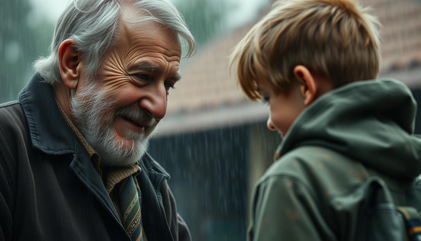 Main art studio: The old man smiling softly while telling the boy that his son promised to come today, rain falling gently, warm facial expression hiding deep sadness,
