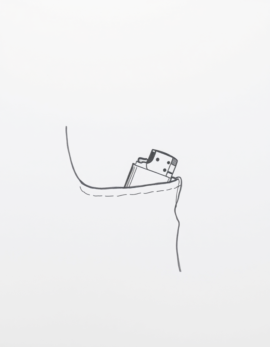 Main art studio: Minimalist black and white pencil sketch of a single BIC-style disposable lighter partly sticking out of the pocket of a pair of pants. Only the light