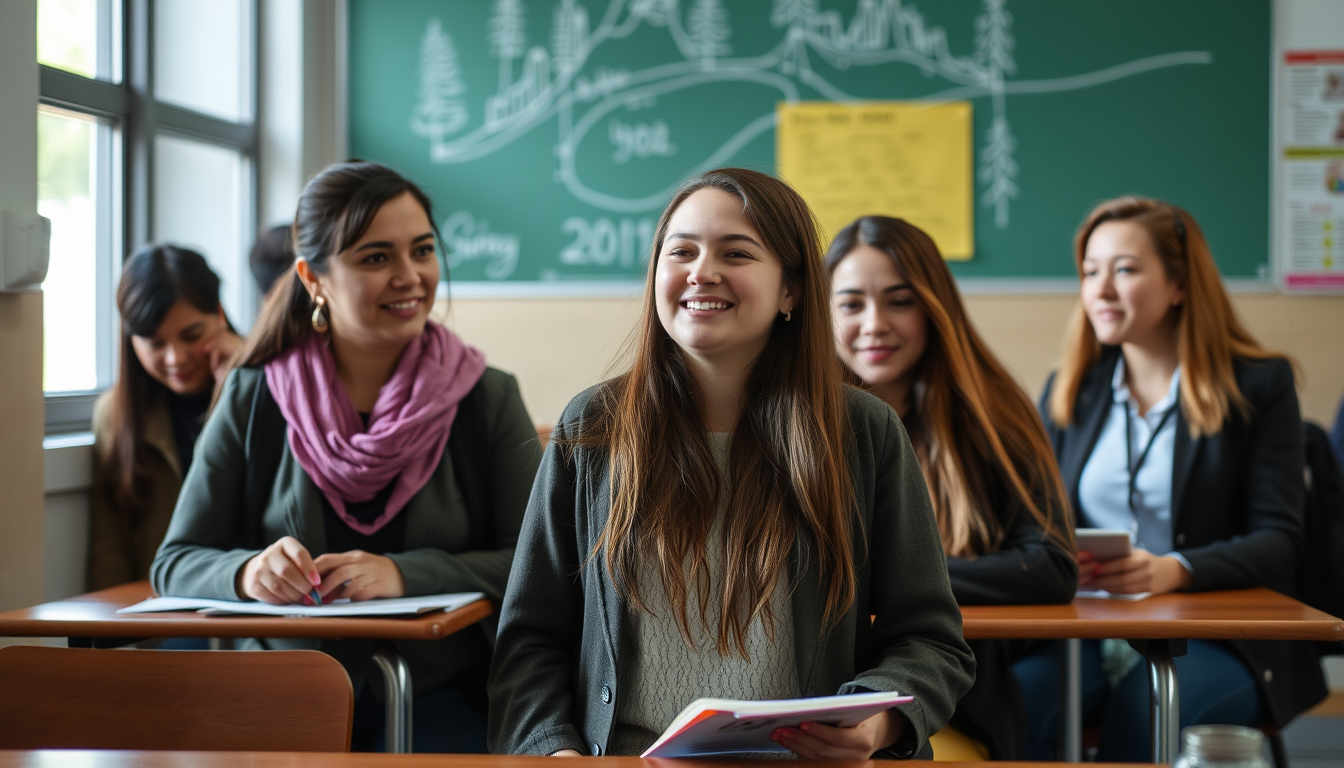 Main art studio: una mujer en el colegio de 1 de secundaria besando a otras compañera guapa