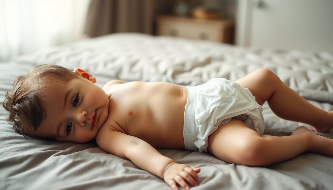 Main art studio: A little boy in a diaper laying down on a bed