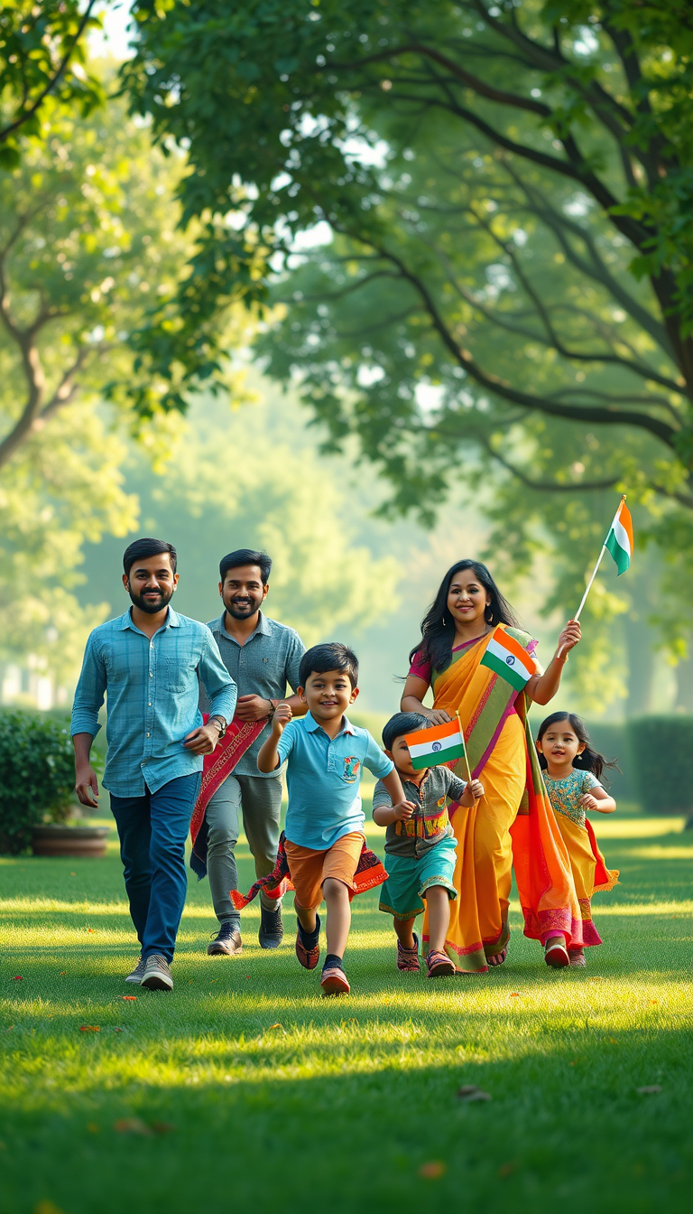 Main art studio: “Happy Indian families and children enjoying a peaceful morning, children running with small Indian flags, parents smiling proudly, beautiful green pa