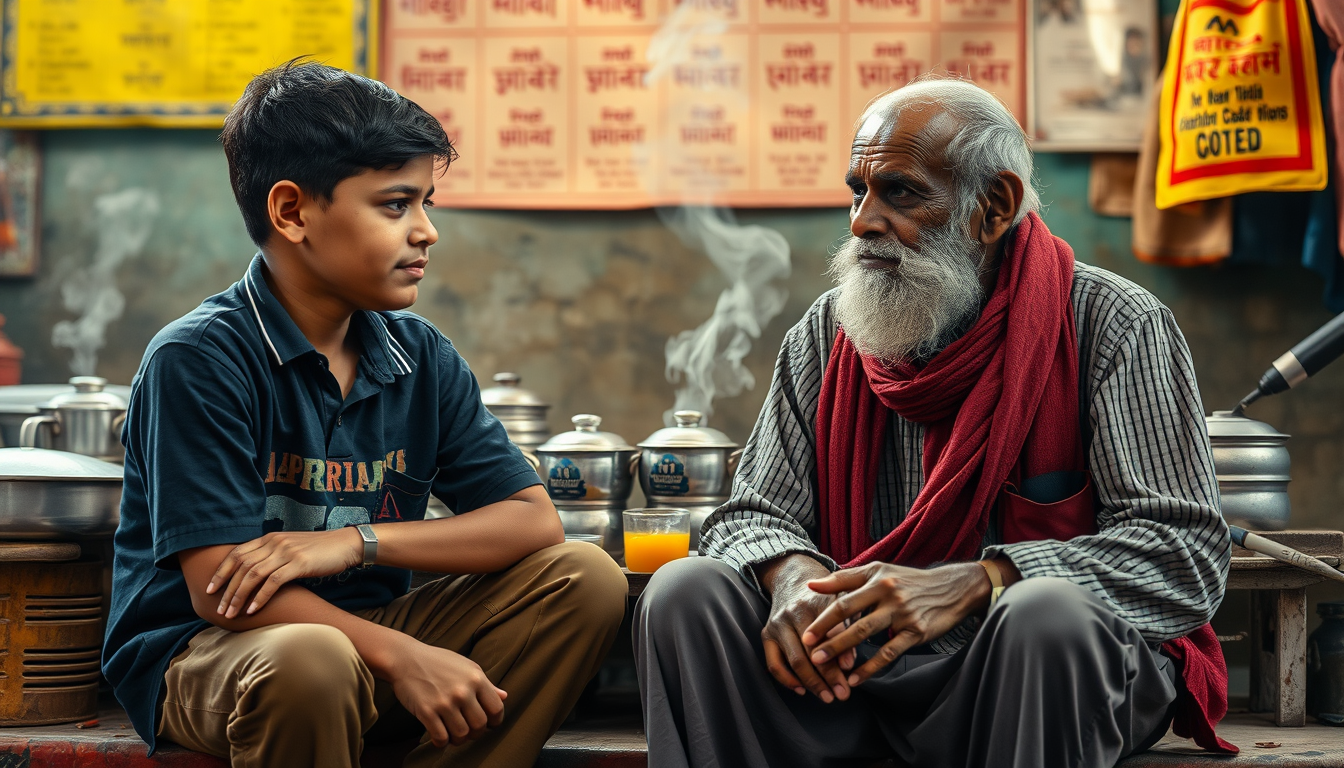 Main art studio: . Same schoolboy sitting beside the same elderly chai seller, asking him a serious question, elderly man looking at the boy with a gentle mysterious s