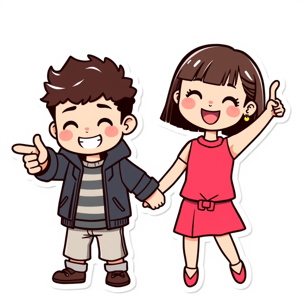 Main art studio: Kawaii chibi couple sticker illustration, holding hands, boy with curly hair pointing ahead, girl with bob hair and earrings cheering with raised fist