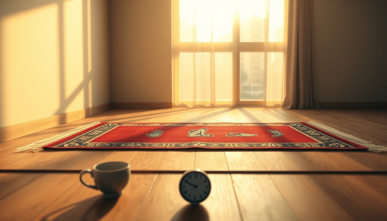 Main art studio: A warm, inviting and encouraging conceptual art piece, 8K photorealistic, cinematic. A serene, softly lit scene: an open prayer rug spread on a clean 