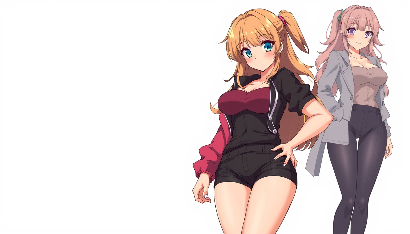 Anime idea: anime style, vibrant colors, expressive eyes, Adult anime woman, stylized curvy proportions, wide hips, narrow waist, thick thighs, full-body characte