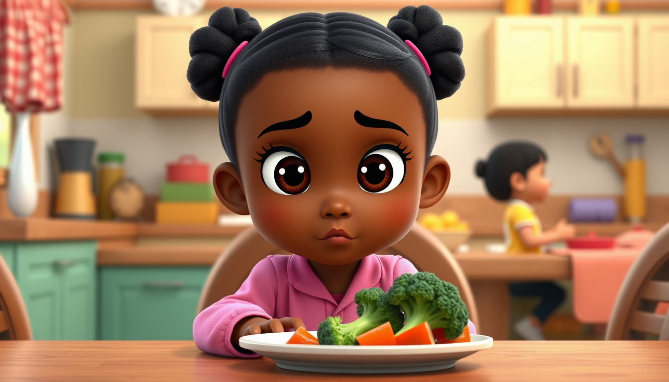 Main art studio: A cute 8-year-old cartoon girl named Mia with brown skin, big expressive brown eyes, black curly hair in two puff ponytails, wearing pink pajamas, sit