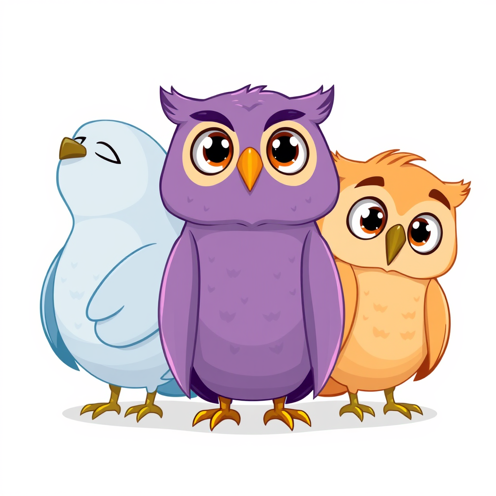 Main art studio: Exactly three cute cartoon owls with identical beak shape and size. All eyes fully open, lively and clearly visible. Left blue-gray:soft, dreamy postu