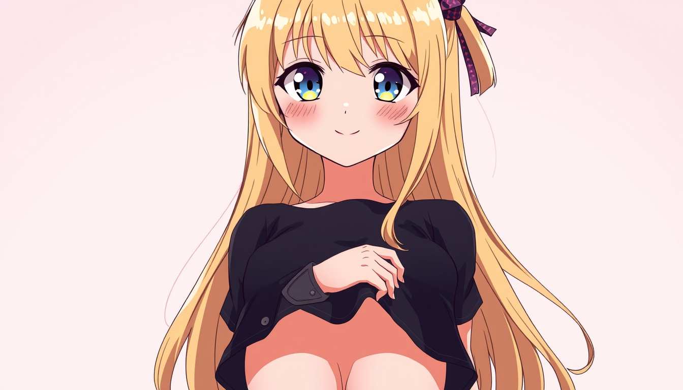 Anime idea: anime style, vibrant colors, expressive eyes, Femme adolescente manga de 14 ans, cheveux blonds longs. Mini jupe noire. La fille soulève sa mini jupe 