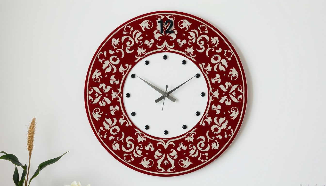 Main art studio: .### Image Prompt Minimalist handmade wall clock with a raised Persian carpet stencil pattern, traditional Iranian rug motifs and delicate floral deta