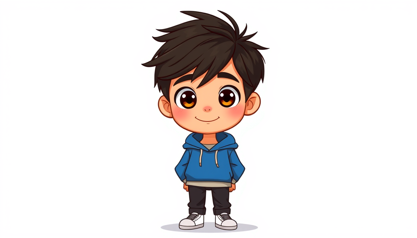 Main art studio: A lovable 14-year-old cartoon boy named Max, messy dark brown hair, big expressive brown eyes, wearing a blue hoodie, dark trousers and white sneakers