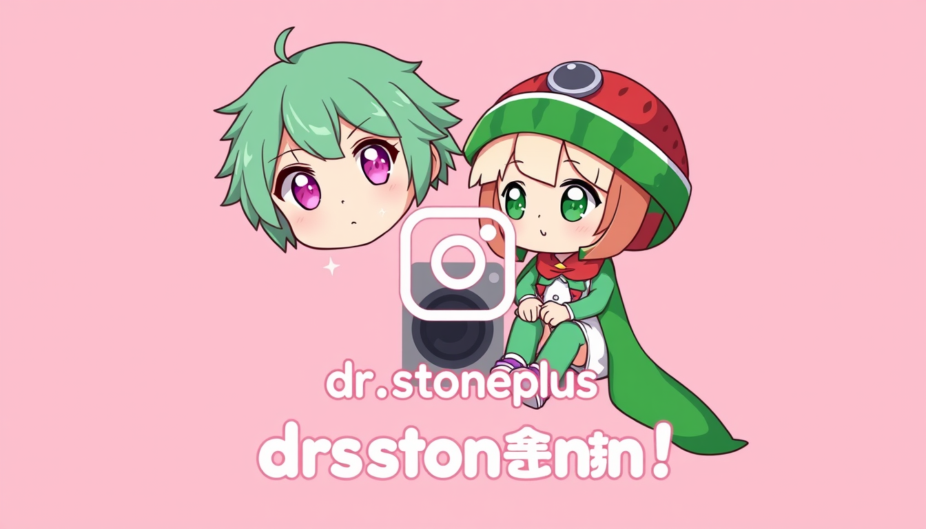 Main art studio: Anime art, Senku Ishigami with cute sparkling eyes, looking at camera. Suika from Dr. Stone wearing her watermelon helmet, sitting on the text "dr.sto