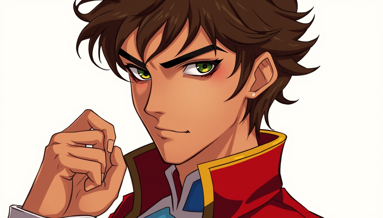 Characters idea: an original character defined by silhouette, role, outfit, palette, and expression, deliberate composition, Prince with brown hair green eyes tann ski