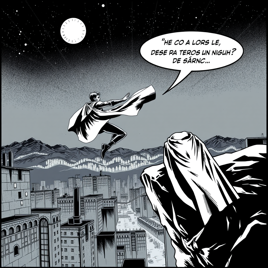 AI Comic idea created from the prompt: comic panel, bold inks, halftone shading, speech-bubble ready composition, héroe saltando desde un tejado de noche, luces de la ciudad abajo