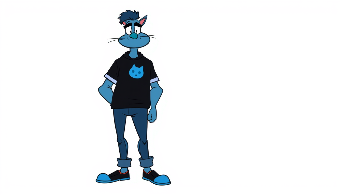 Characters idea: an original character defined by silhouette, role, outfit, palette, and expression, deliberate composition, CARTOON MAN, camisola preta com simbolo de