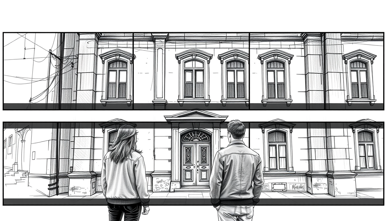 Storyboard idea created from the prompt: storyboard panels, cinematic shot sequence, clear camera angles, grayscale sketch layout, readable scene flow, plano medio conjunto de 2 jov