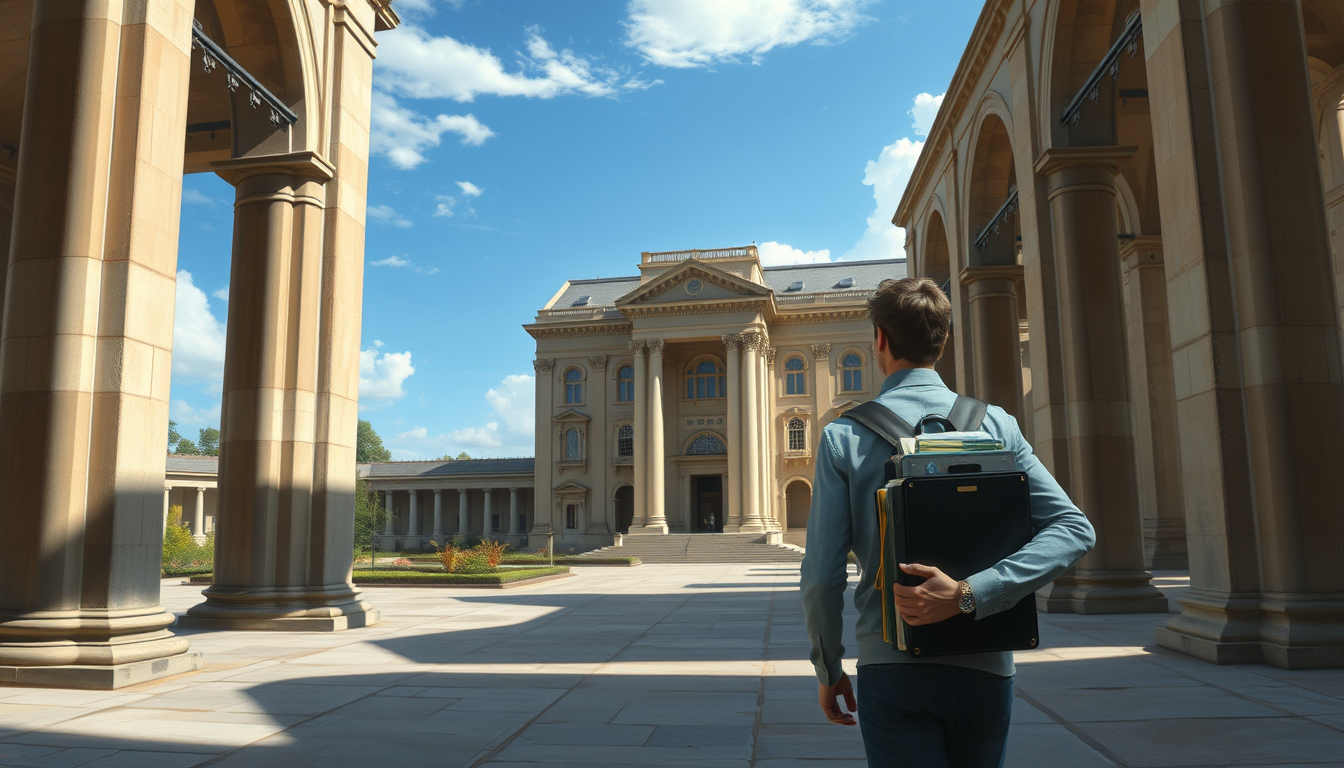 Main art studio: Dreamlike realistic painting of an adult on the first day at an ancient imaginary university. Carrying textbooks, he searches for his classroom, feeli