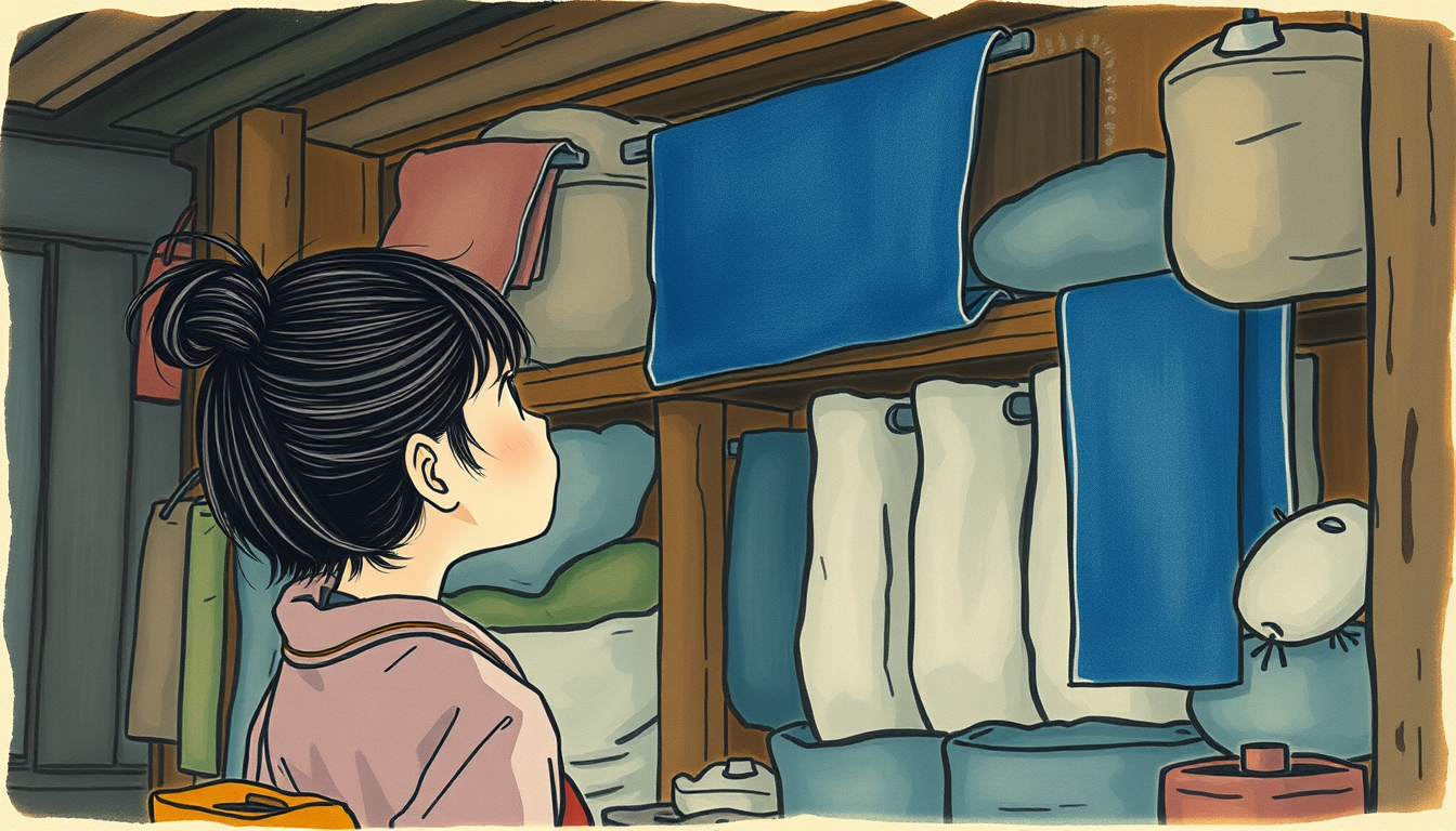 Main art studio: Little Japanese girl with her hair tied up, inside the old ramshackle shop looking up at the blue fabric way up high on a dusty shelf, barely visible 