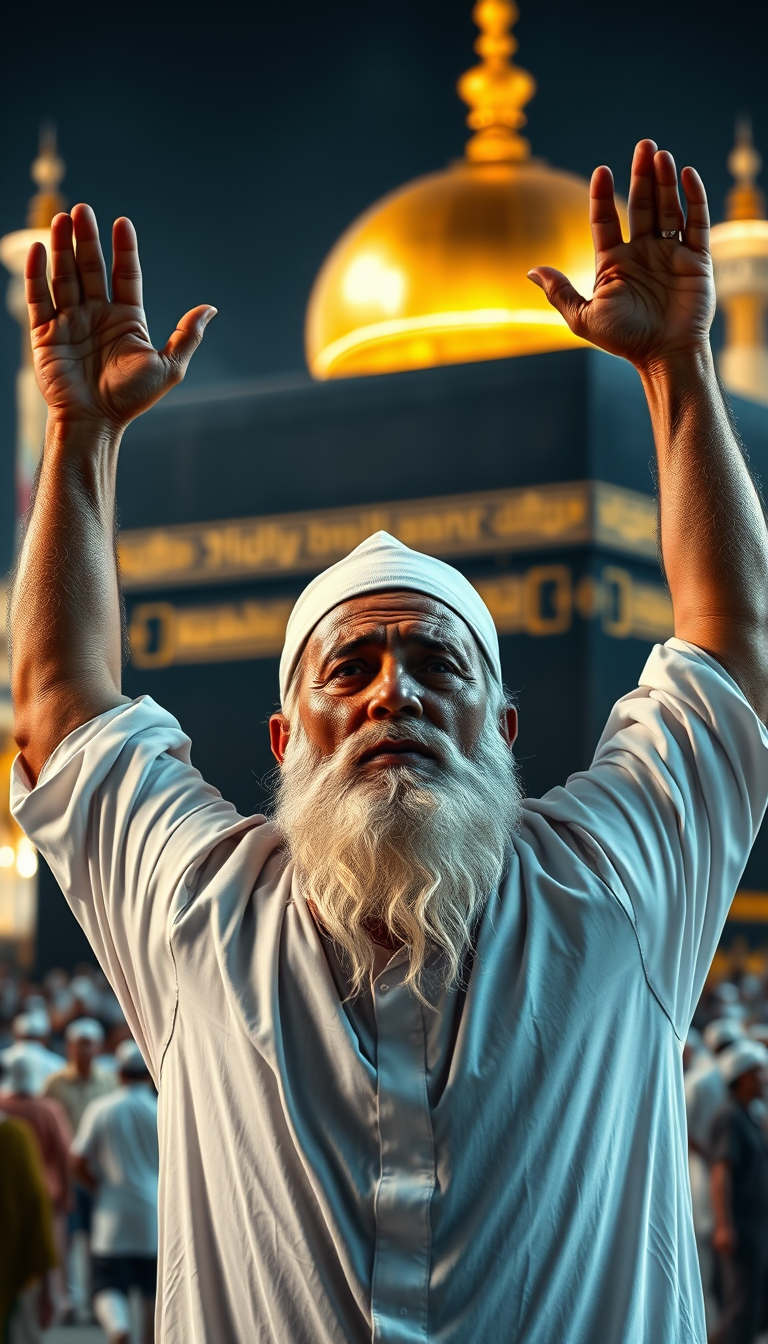 Main art studio: A highly realistic cinematic photo of an elderly Muslim man with a long white beard standing a short distance from the Holy Kaaba in Makkah. He is fac