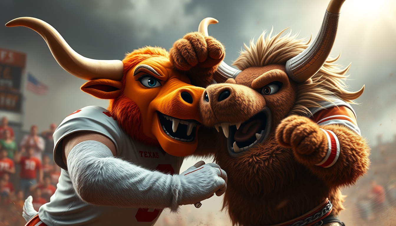 Main art studio: In the style of fantasy art, create an image of the Texas Longhorns mascot defeating the Ohio State Mascot. Ensure both mascot's faces are visible, an