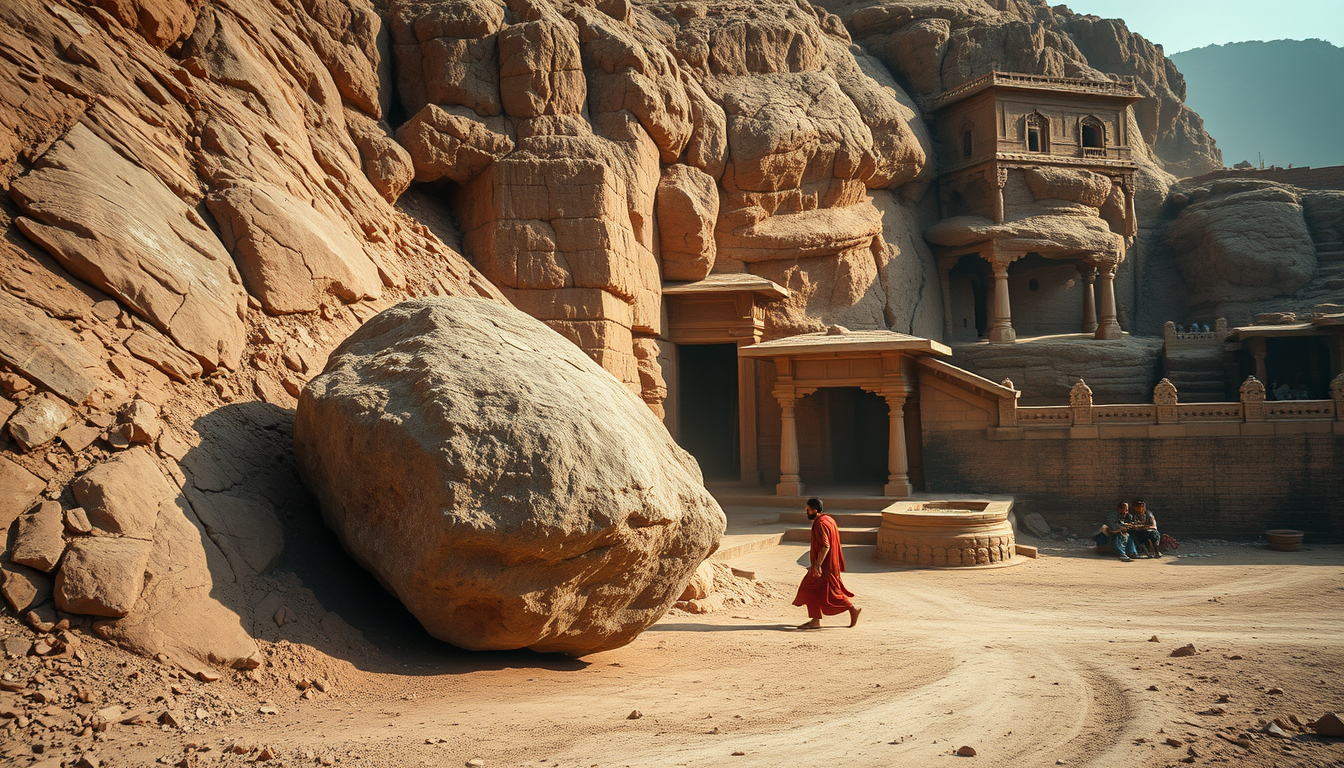 Main art studio: A massive stone boulder rolling down a rocky slope toward Singhiya near the ancient fort, the tantric looking alarmed and stepping away, dusty ground