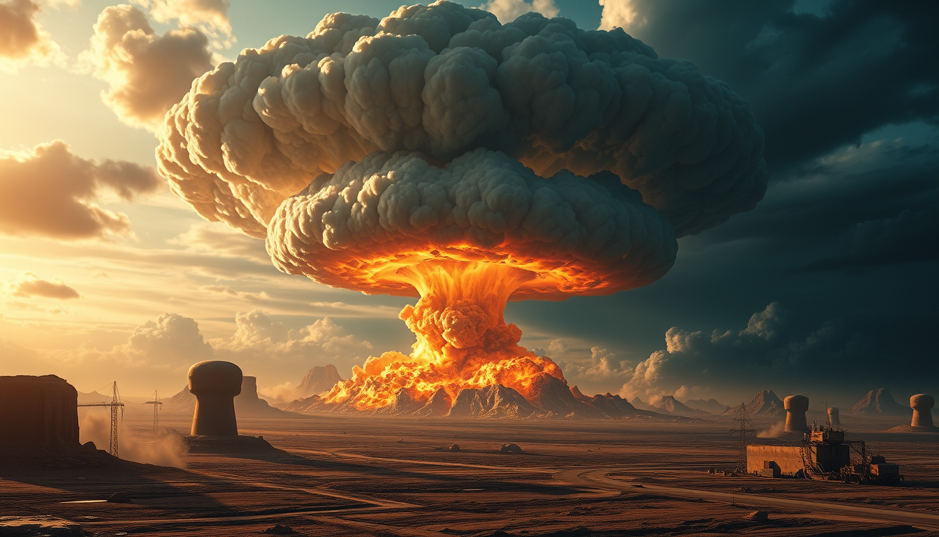 Wallpapers idea: wallpaper artwork, wide atmospheric scene or bold pattern, high detail, huge atomic explosion with huge mushroom cloud 5000 kilo-tonnes of diplomacy ,