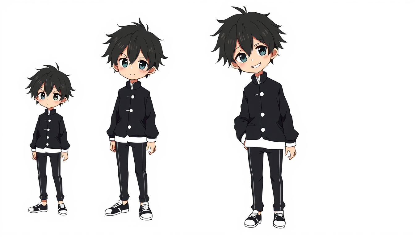 Main art studio: anime character, full body, character sheet, clean lineart, detailed outfit, soft shading, neutral background, high detail, consistent design, modern 