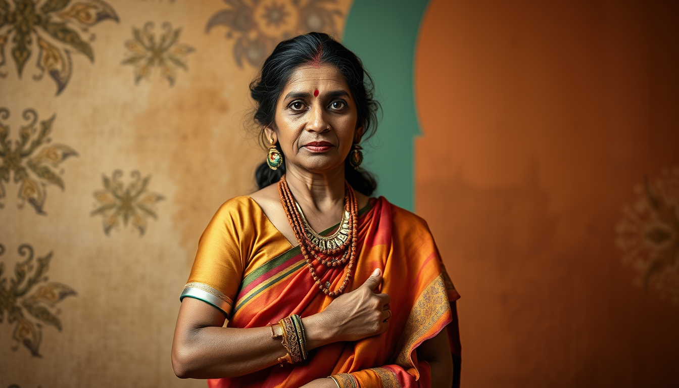 Characters idea: an original character defined by silhouette, role, outfit, palette, and expression, deliberate composition, Under arm hair indian village aunty , poli