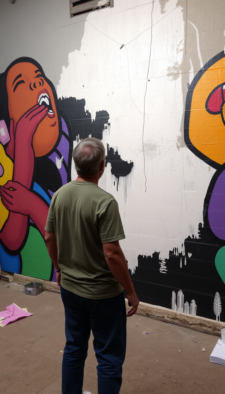 Main art studio: Same artist stepping back and looking at the partially completed mural, several colorful sections already finished.