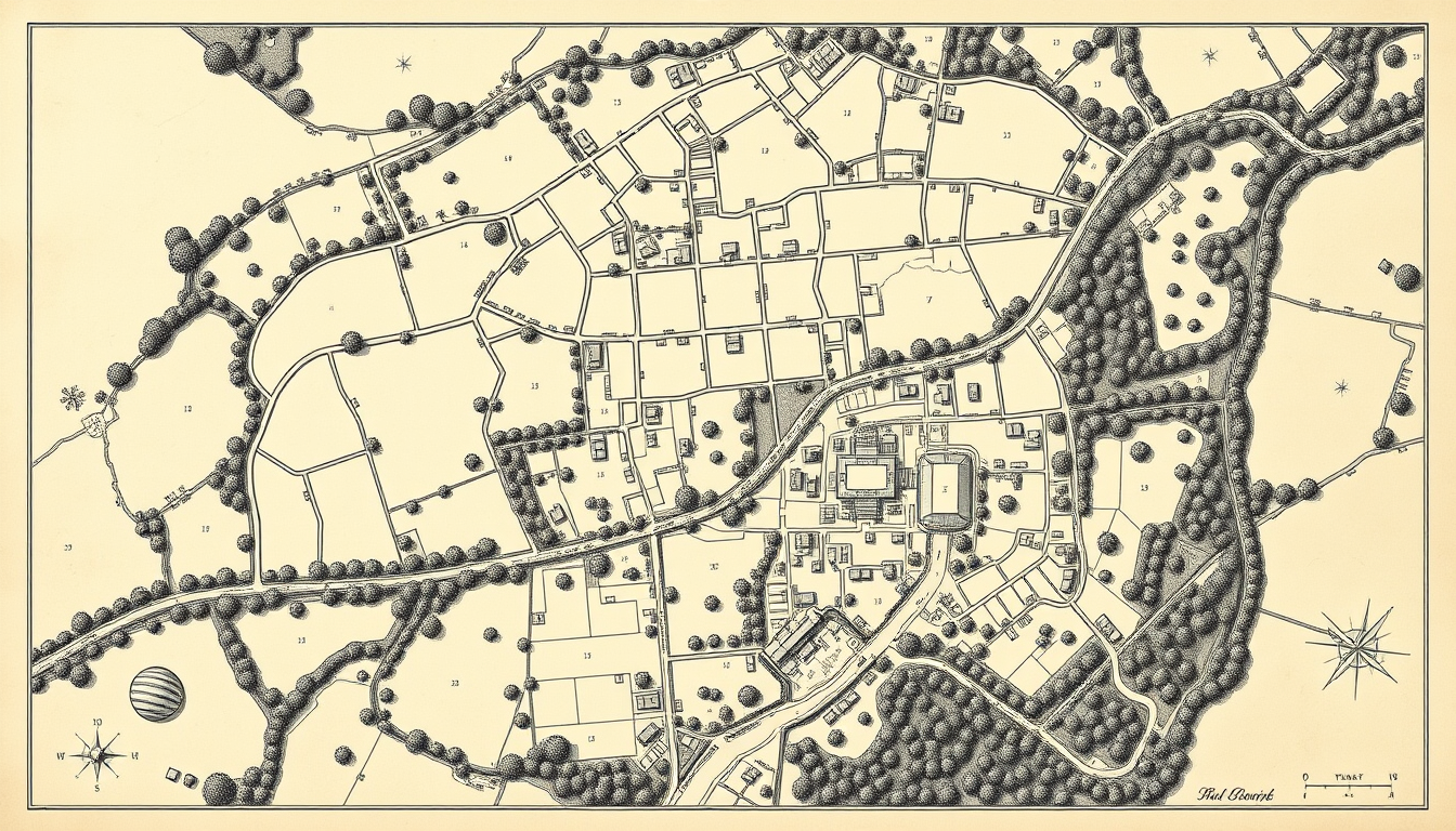 Main art studio: Create a very large, highly detailed historical architectural site map of a fictional rural European landscape. Mid-20th-century technical master-plan