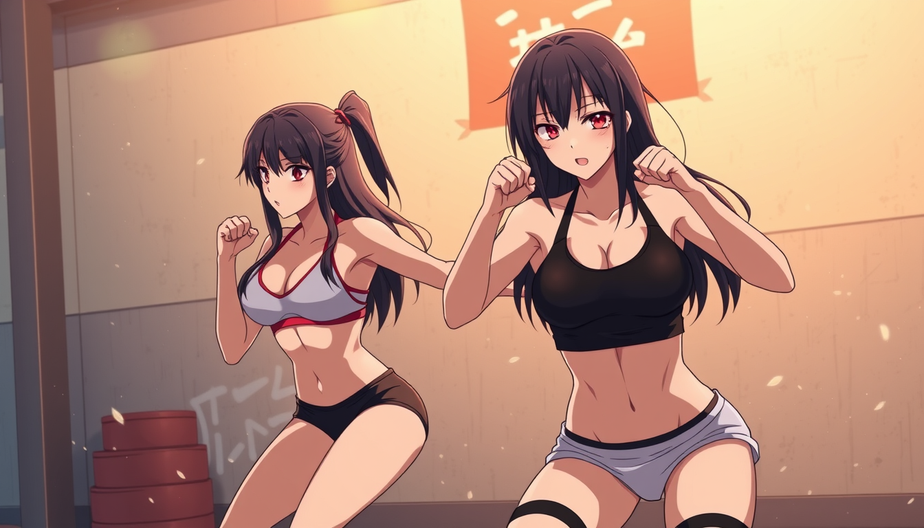 Main art studio: Anime Mikasa Ackerman and Yoruichi Shihōin as sexy fitness influencers during an intense workout full body Abs toned bodies and sweat sexy Anime actio