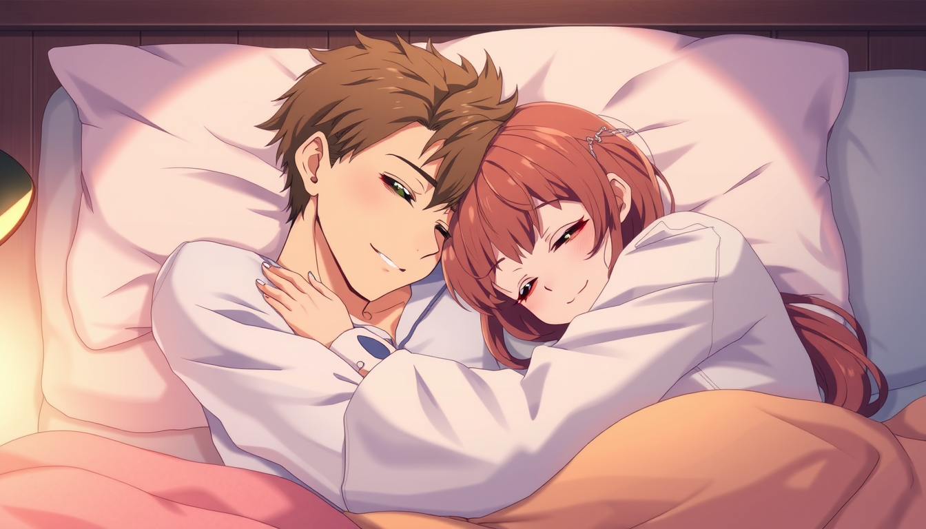 Anime idea: anime style, vibrant colors, expressive eyes, Romantic anime illustration of a fully clothed boy peacefully sleeping with his head resting gently on h