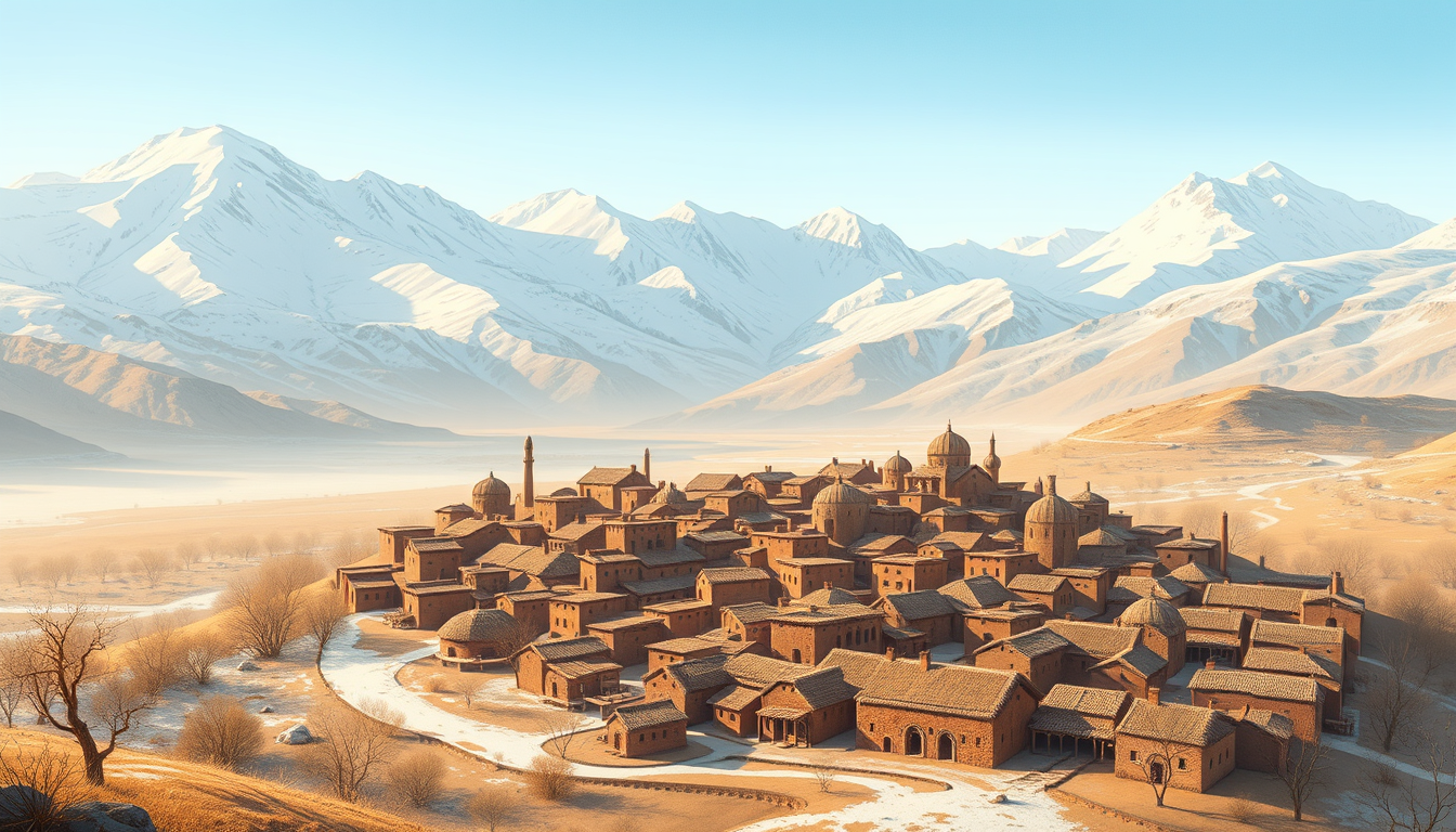 AI Art prompt example created from the prompt: Wide horizontal 16:9 storybook illustration. Kesh, Central Asia, April 1336. View from above: a small ancient village at the foot of huge sn